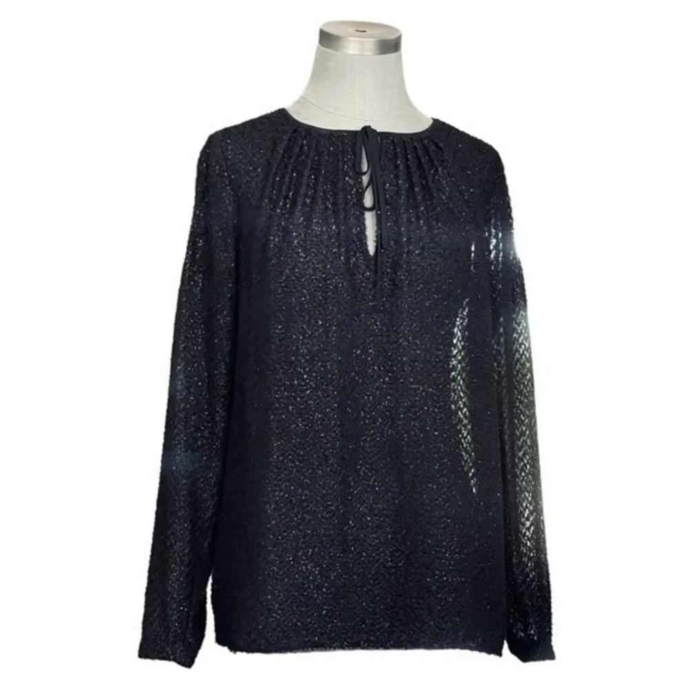 Michael Kors Black Fuzzy Sparkle Textured Blouse S/M Bow Front Long Sleeve EXC